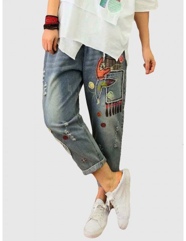 Vintage Cartoon Print Harem Denim Pants
